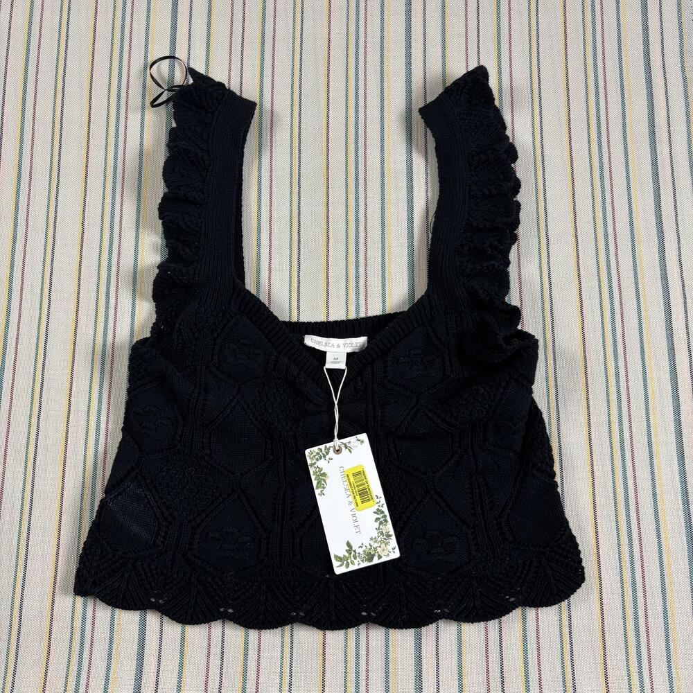 Chelsea & Violet Tank Top Womens Medium Black Knit Ruffle Strap Boho Cropped NEW